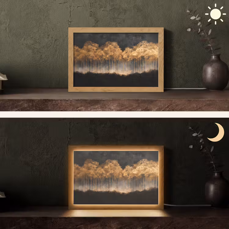 Gouden Bomen in Mistig Landschap Light Box met kabel (Tafellamp) klein -sfeer3