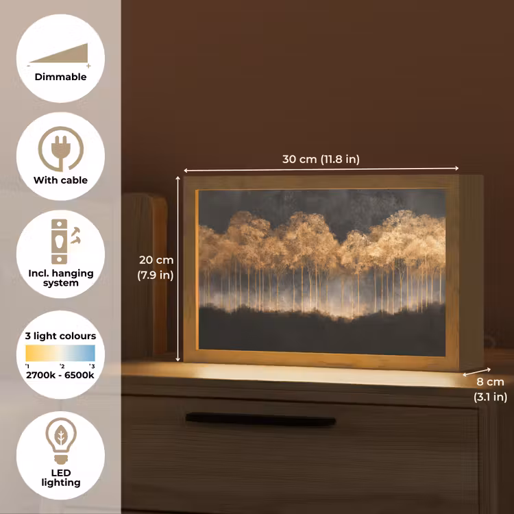 Gouden Bomen in Mistig Landschap Light Box met kabel (Tafellamp) klein -USP_EN