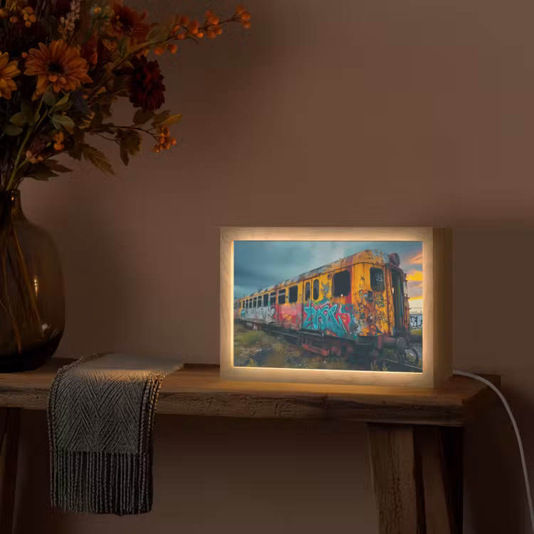 Graffiti - Verlaten trein - Street art Light Box met kabel (Tafellamp) klein -sfeer4