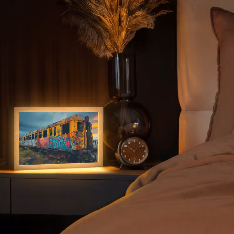 Graffiti - Verlaten trein - Street art Light Box met kabel (Tafellamp) klein -sfeer1