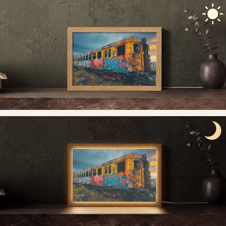 Graffiti - Verlaten trein - Street art Light Box met kabel (Tafellamp) klein -sfeer3