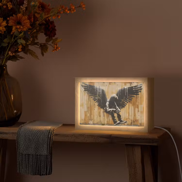 Graffiti - Kunst - Vleugels - Street art - Banksy Style Light Box met kabel (Tafellamp) klein -sfeer4
