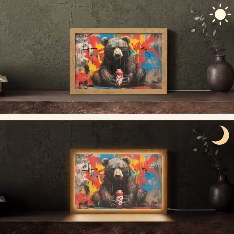 Graffiti - Beer - Dier - Muur - Street art Light Box met kabel (Tafellamp) klein -sfeer3