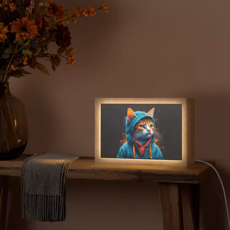Graffiti - Kat - Zwart - Jas - Street art Light Box met kabel (Tafellamp) klein -sfeer4