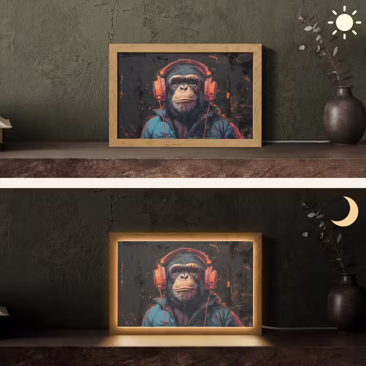 Graffiti - Chimpansee - Koptelefoon - Aap Light Box met kabel (Tafellamp) klein -sfeer3