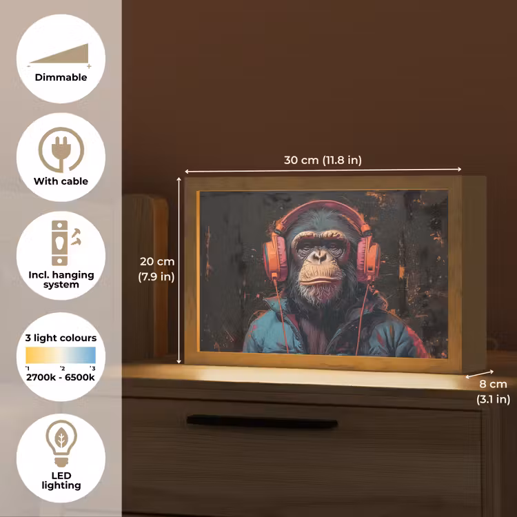 Graffiti - Chimpansee - Koptelefoon - Aap Light Box met kabel (Tafellamp) klein -USP_EN