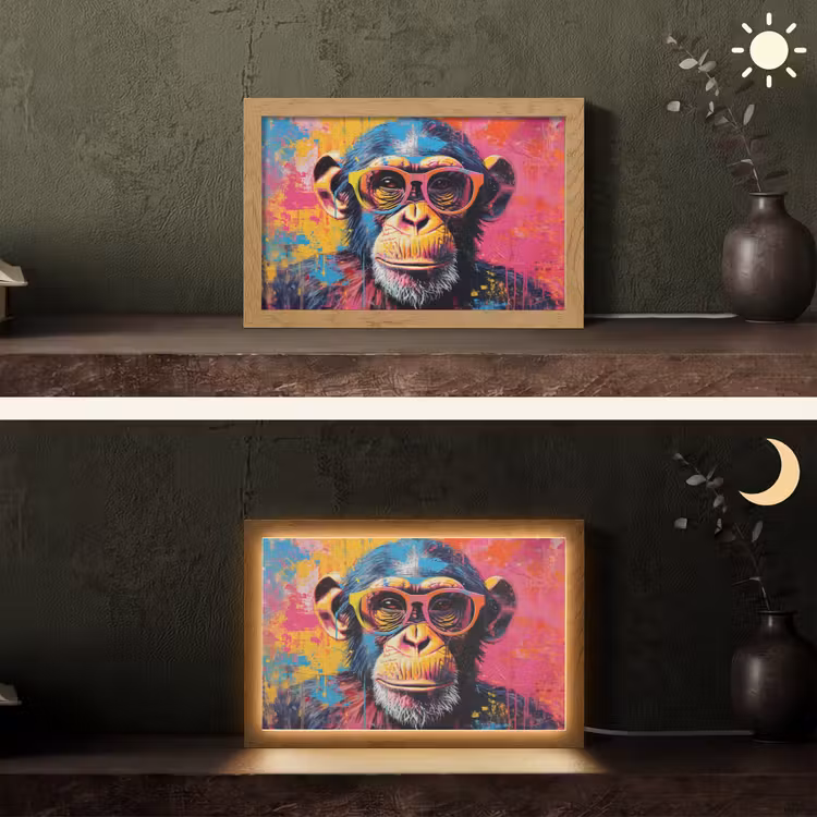 Graffiti - Chimpansee - Aap - Bril - Kleurrijk Light Box met kabel (Tafellamp) klein -sfeer3