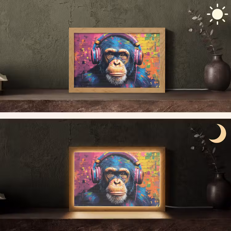 Graffiti - Chimpansee - Street art - Koptelefoon - Aap Light Box met kabel (Tafellamp) klein -sfeer3