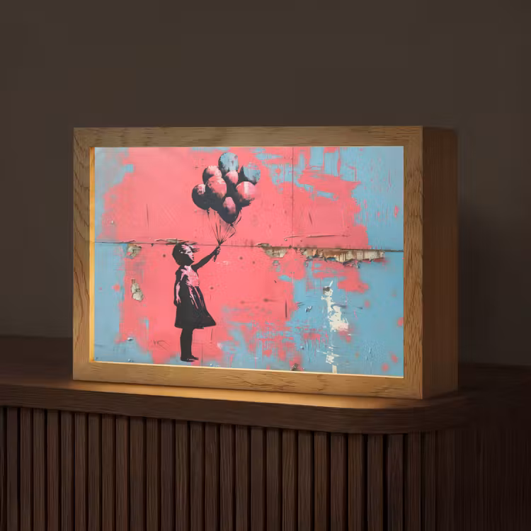 Graffiti - Meisje - Ballon - Roze - Blauw - Street art Light Box met kabel (Tafellamp) klein -z3d_website