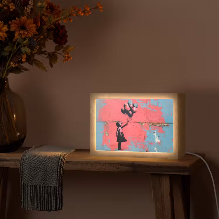 Graffiti - Meisje - Ballon - Roze - Blauw - Street art Light Box met kabel (Tafellamp) klein -sfeer4
