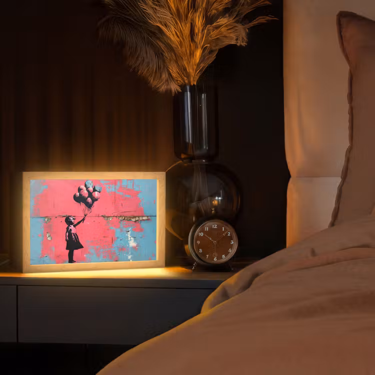 Graffiti - Meisje - Ballon - Roze - Blauw - Street art Light Box met kabel (Tafellamp) klein -sfeer1