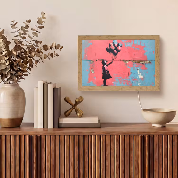 Graffiti - Meisje - Ballon - Roze - Blauw - Street art Light Box met kabel (Tafellamp) klein -sfeer2
