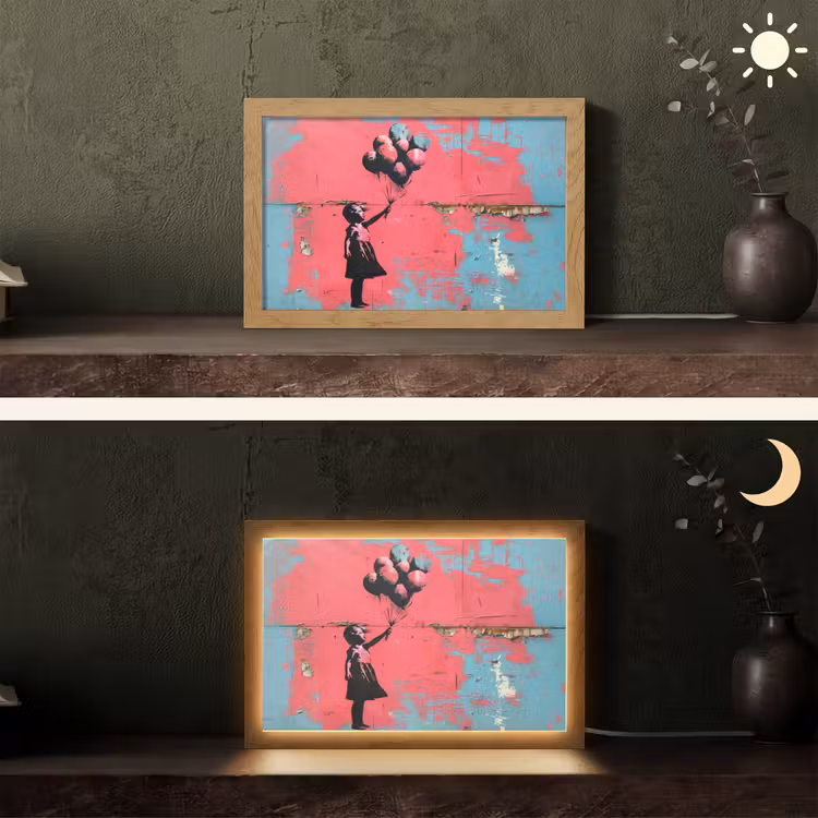 Graffiti - Meisje - Ballon - Roze - Blauw - Street art Light Box met kabel (Tafellamp) klein -sfeer3