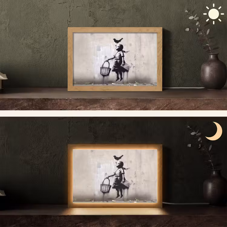 Graffiti - Meisje - Vogel - Street Art - Banksy Style Light Box met kabel (Tafellamp) klein -sfeer3
