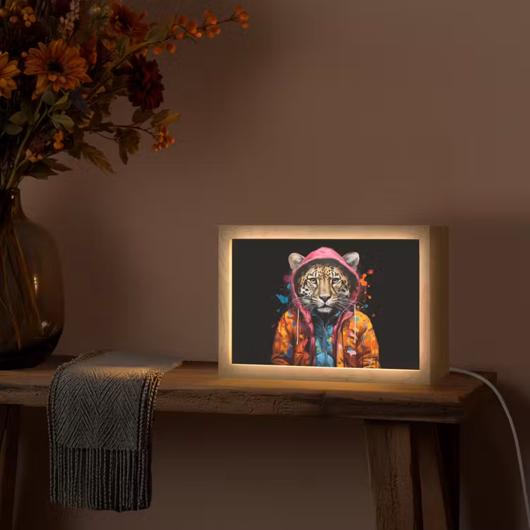 Graffiti - Luipaard - Zwart - Jas Light Box met kabel (Tafellamp) klein -sfeer4