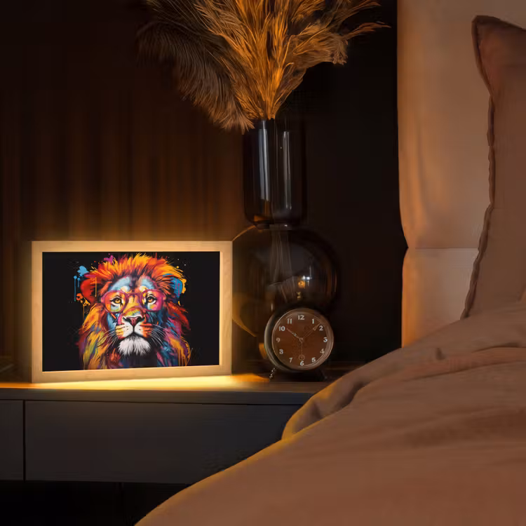 Graffiti - Leeuw - Bril - Zwart - Kleurrijk Light Box met kabel (Tafellamp) klein -sfeer1