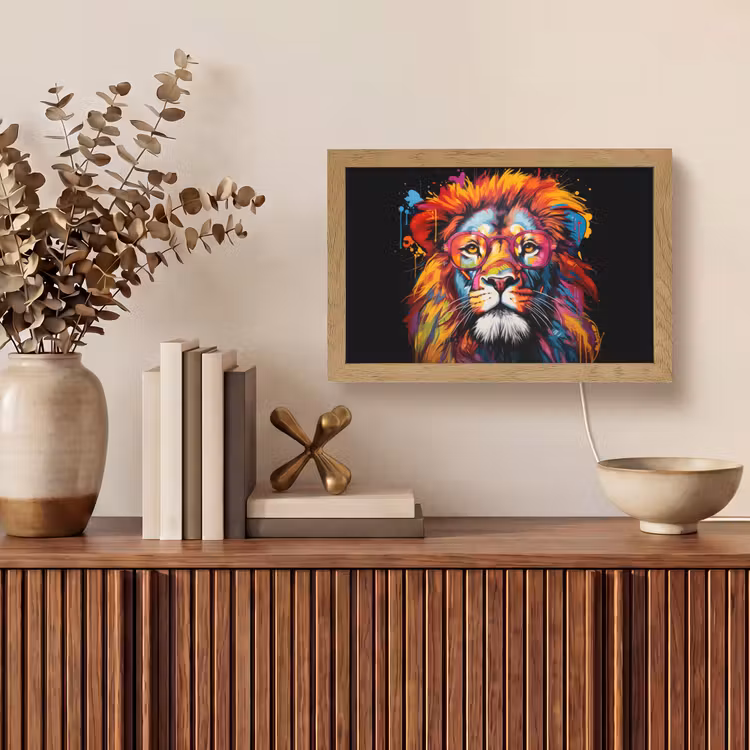 Graffiti - Leeuw - Bril - Zwart - Kleurrijk Light Box met kabel (Tafellamp) klein -sfeer2