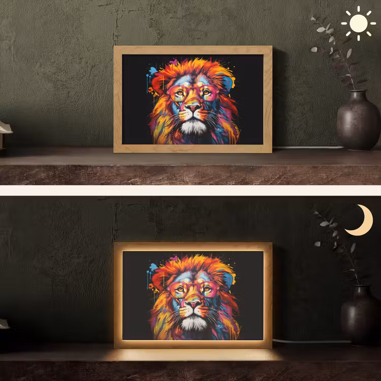 Graffiti - Leeuw - Bril - Zwart - Kleurrijk Light Box met kabel (Tafellamp) klein -sfeer3