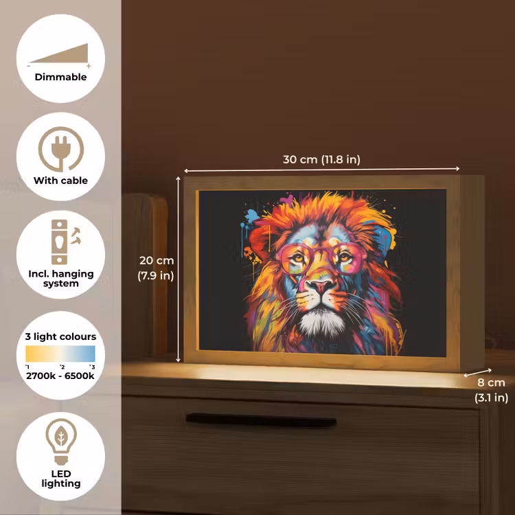 Graffiti - Leeuw - Bril - Zwart - Kleurrijk Light Box met kabel (Tafellamp) klein -USP_EN