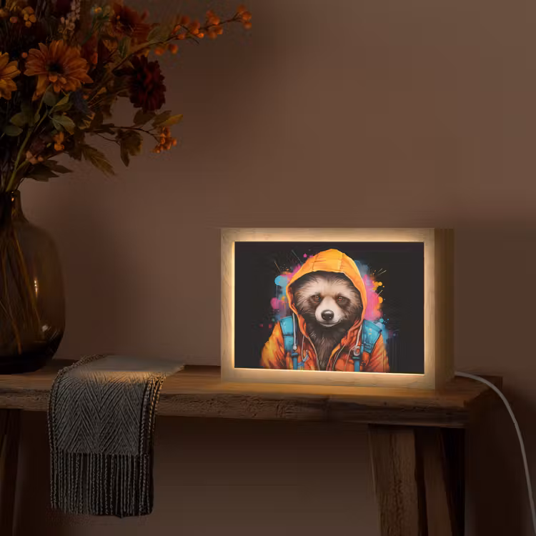 Graffiti - Wasbeer - Jas - Zwart Light Box met kabel (Tafellamp) klein -sfeer4