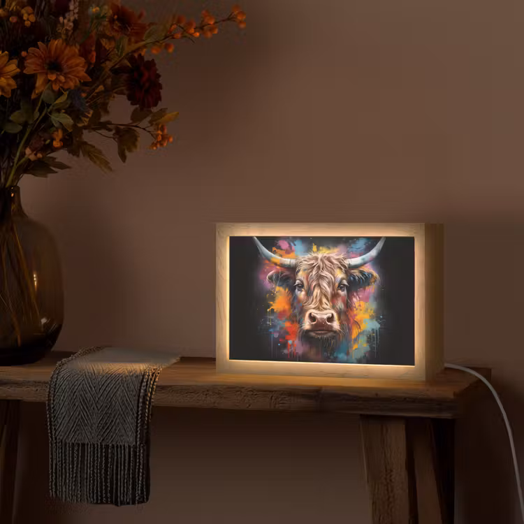Graffiti - Schotse hooglander - Zwart - Koe Light Box met kabel (Tafellamp) klein -sfeer4
