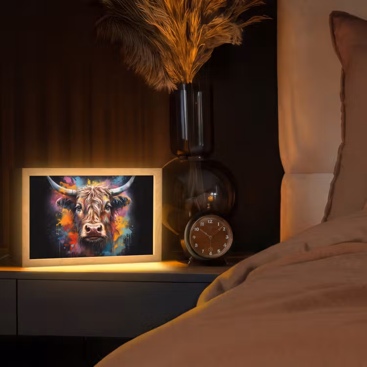 Graffiti - Schotse hooglander - Zwart - Koe Light Box met kabel (Tafellamp) klein -sfeer1