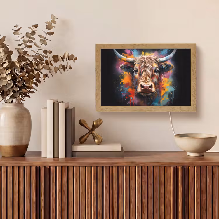 Graffiti - Schotse hooglander - Zwart - Koe Light Box met kabel (Tafellamp) klein -sfeer2