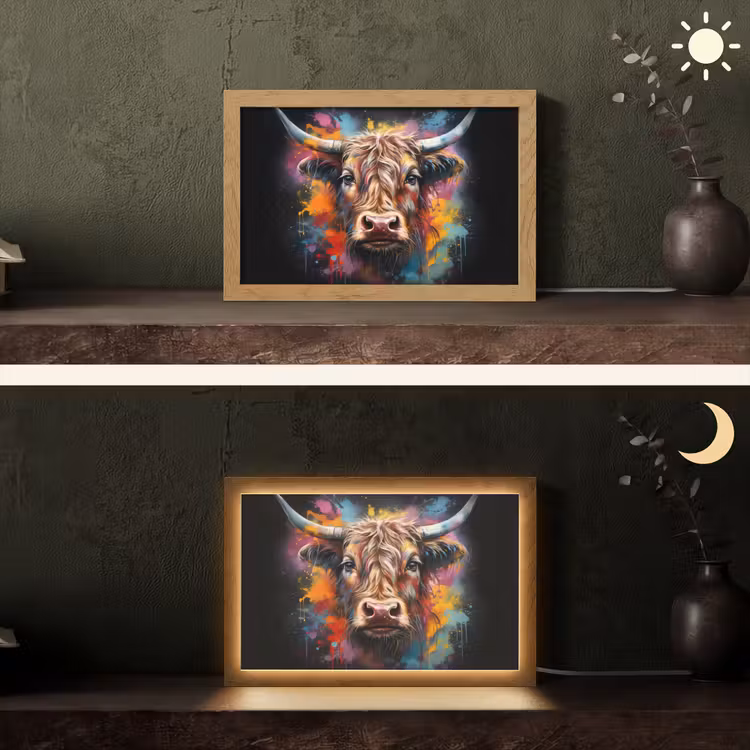 Graffiti - Schotse hooglander - Zwart - Koe Light Box met kabel (Tafellamp) klein -sfeer3