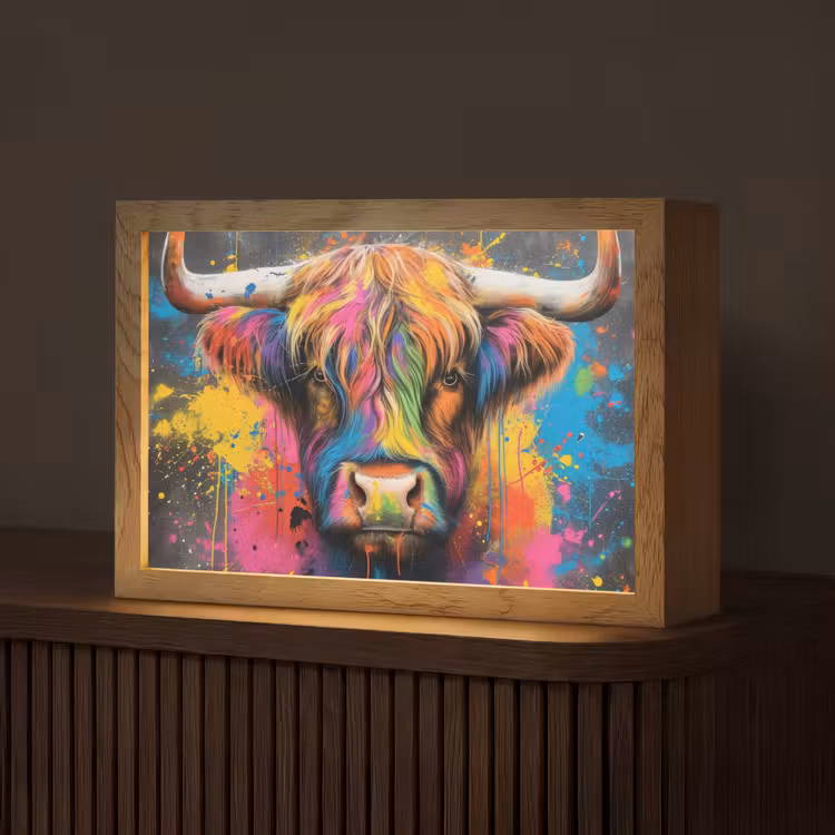 Graffiti - Schotse hooglander - Koe - Kleurrijk Light Box met kabel (Tafellamp) klein -z3d_website