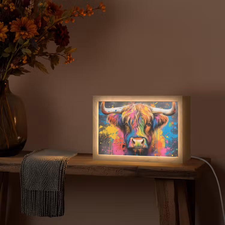 Graffiti - Schotse hooglander - Koe - Kleurrijk Light Box met kabel (Tafellamp) klein -sfeer4
