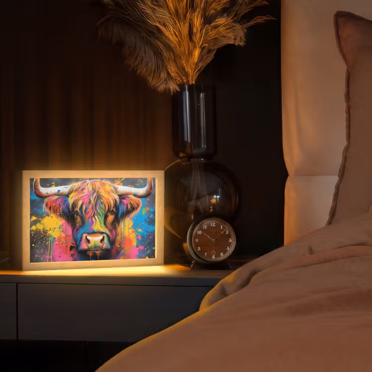 Graffiti - Schotse hooglander - Koe - Kleurrijk Light Box met kabel (Tafellamp) klein -sfeer1