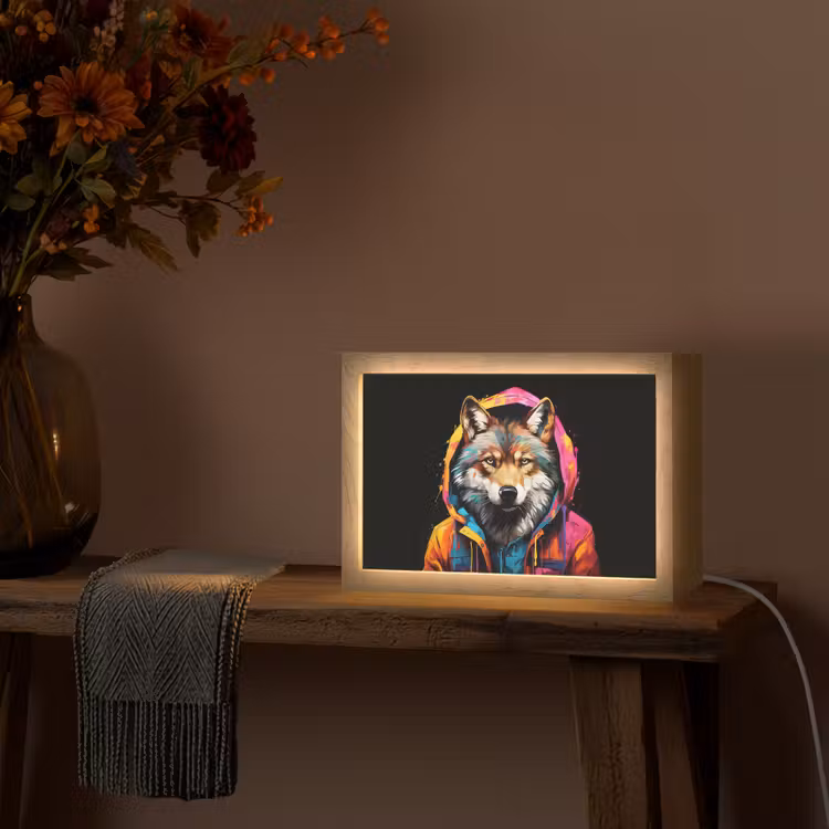 Graffiti - Wolf - Jas - Zwart Light Box met kabel (Tafellamp) klein -sfeer4