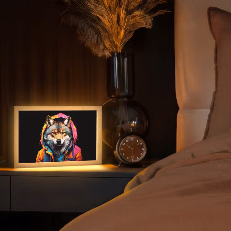 Graffiti - Wolf - Jas - Zwart Light Box met kabel (Tafellamp) klein -sfeer1