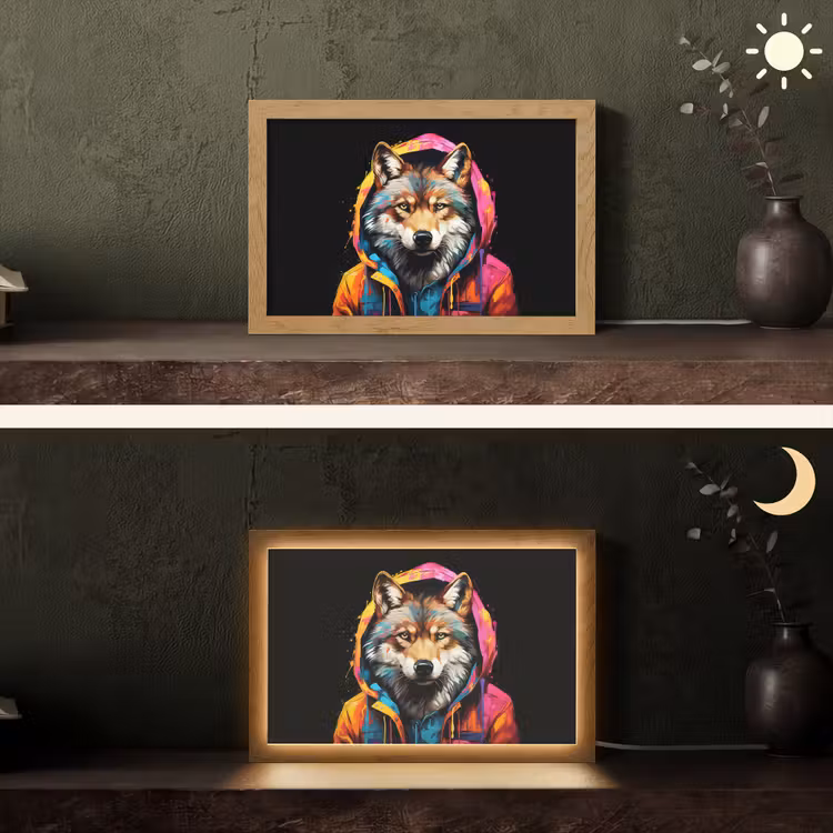 Graffiti - Wolf - Jas - Zwart Light Box met kabel (Tafellamp) klein -sfeer3