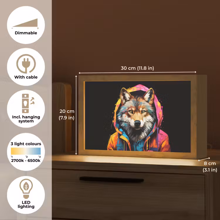 Graffiti - Wolf - Jas - Zwart Light Box met kabel (Tafellamp) klein -USP_EN