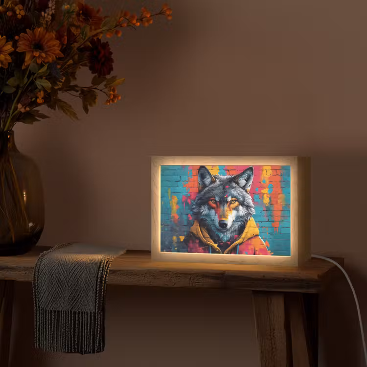 Graffiti - Wolf - Street art - Blauw Light Box met kabel (Tafellamp) klein -sfeer4