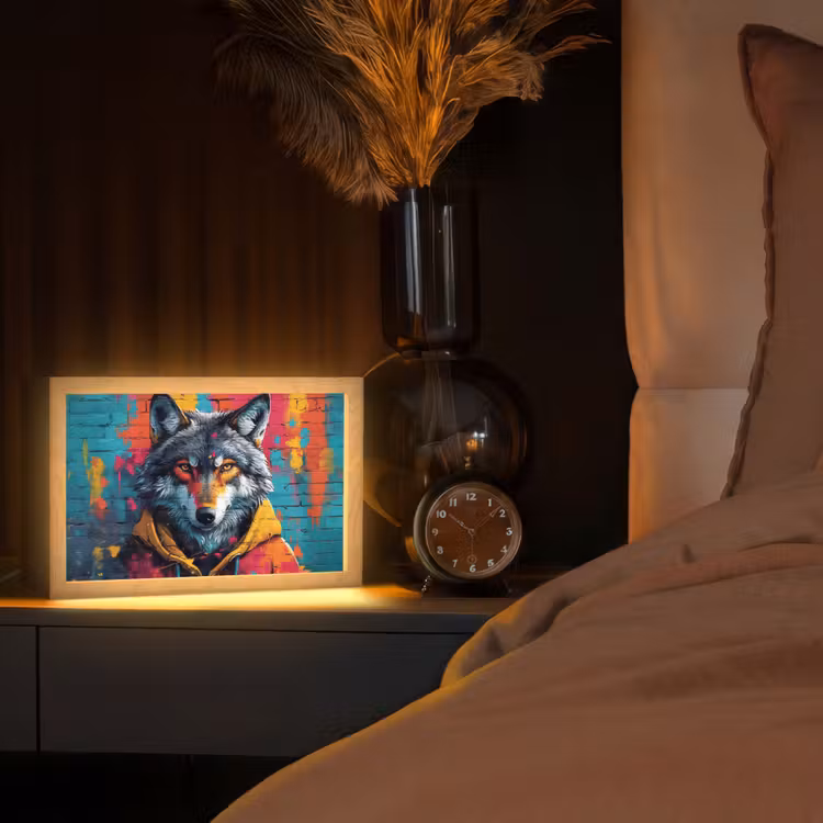 Graffiti - Wolf - Street art - Blauw Light Box met kabel (Tafellamp) klein -sfeer1