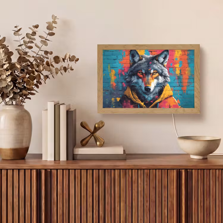 Graffiti - Wolf - Street art - Blauw Light Box met kabel (Tafellamp) klein -sfeer2