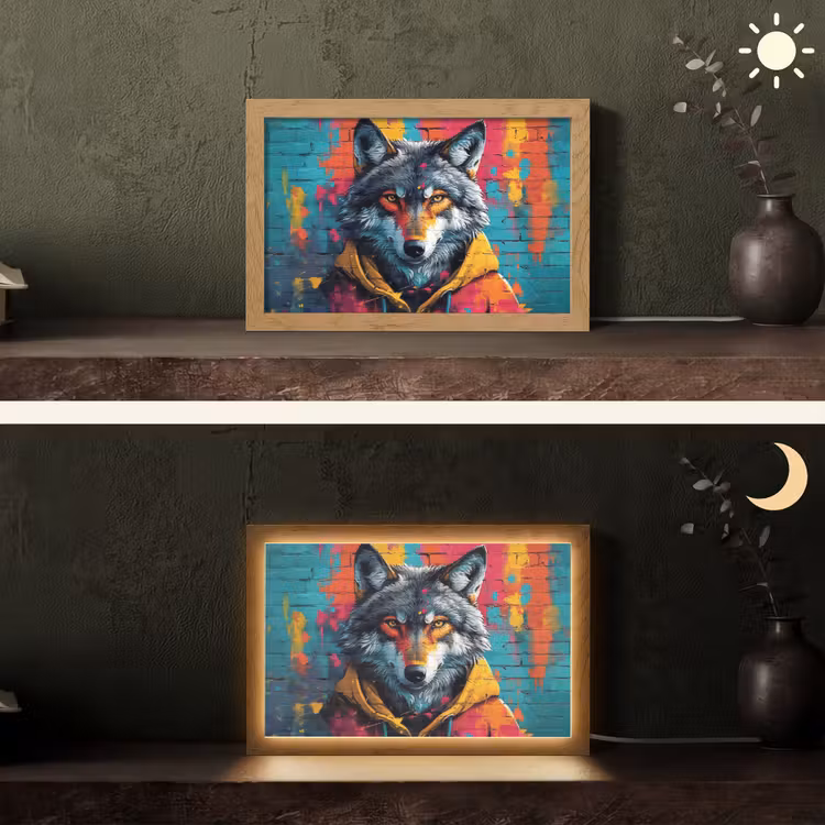 Graffiti - Wolf - Street art - Blauw Light Box met kabel (Tafellamp) klein -sfeer3