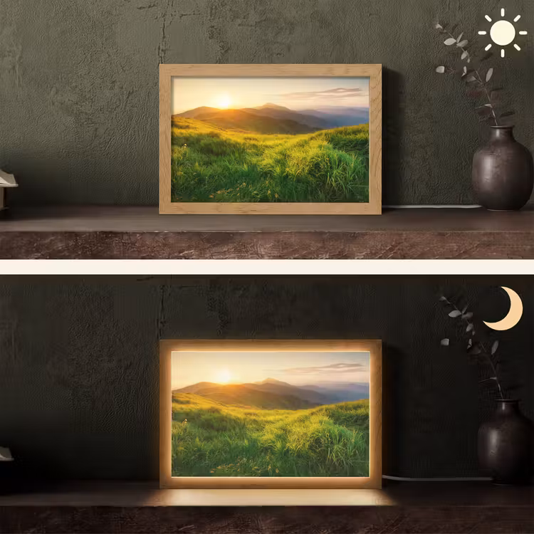 Gras - Heuvels - Zon - Natuur - Landschap Light Box met kabel (Tafellamp) klein -sfeer3