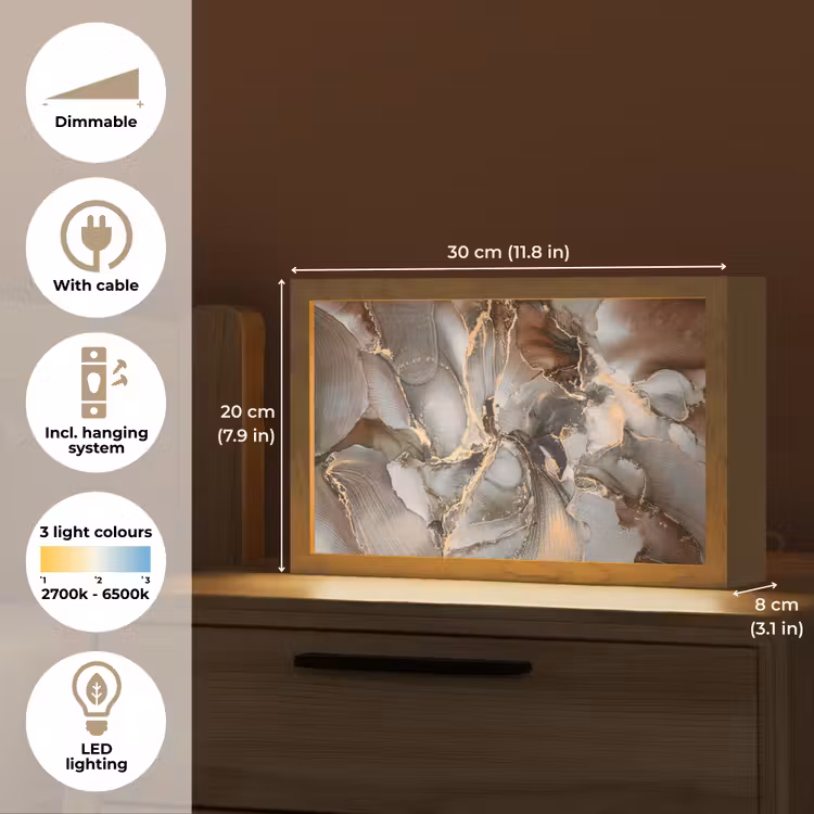 Grijs - Goud - Marmer - Marmerlook Light Box met kabel (Tafellamp) klein -USP_EN