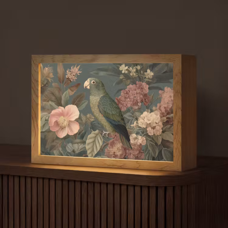 Groene papegaai - Kleurrijke bloemen - Donkere achtergrond Light Box met kabel (Tafellamp) klein -z3d_website
