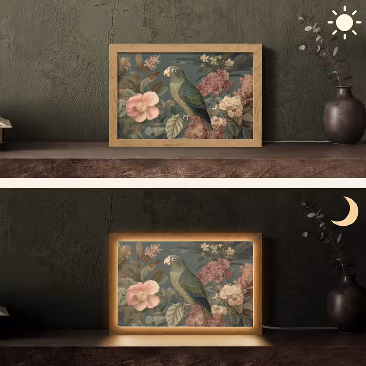 Groene papegaai - Kleurrijke bloemen - Donkere achtergrond Light Box met kabel (Tafellamp) klein -sfeer3