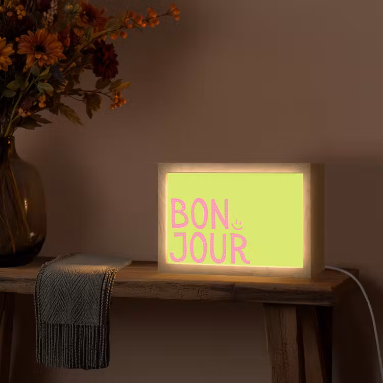 Groen - Smiley - Bonjour - Roze Light Box met kabel (Tafellamp) klein -sfeer4
