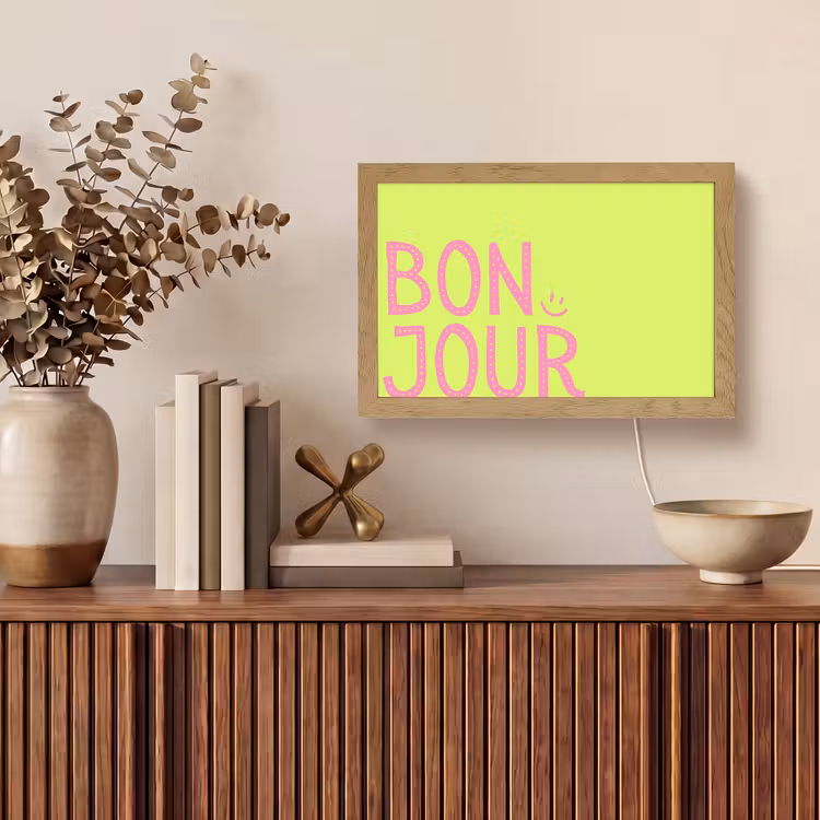 Groen - Smiley - Bonjour - Roze Light Box met kabel (Tafellamp) klein -sfeer2