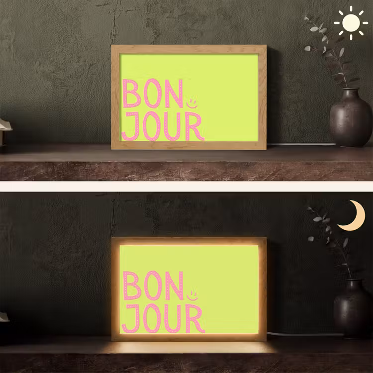 Groen - Smiley - Bonjour - Roze Light Box met kabel (Tafellamp) klein -sfeer3