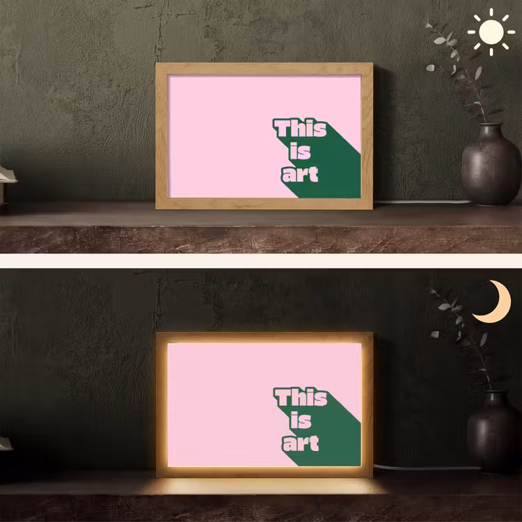 Groen - Teskt - This is art - Roze Light Box met kabel (Tafellamp) klein -sfeer3