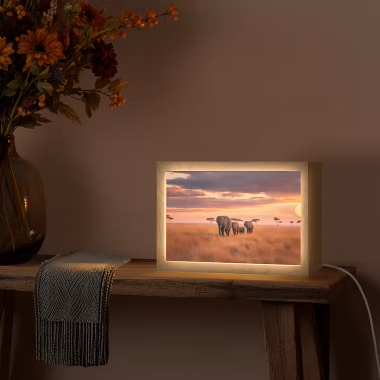 Groep olifanten - Open vlakte - Zon Light Box met kabel (Tafellamp) klein -sfeer4
