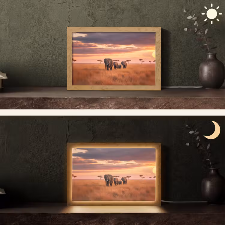 Groep olifanten - Open vlakte - Zon Light Box met kabel (Tafellamp) klein -sfeer3