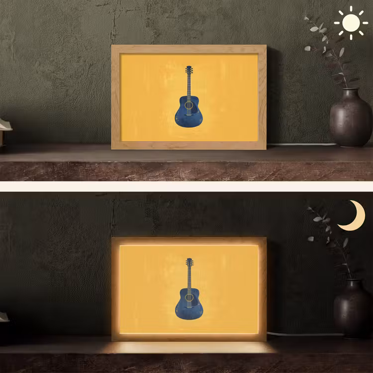 Gitaar - Akoestisch - Geel - Minimalistisch Light Box met kabel (Tafellamp) klein -sfeer3